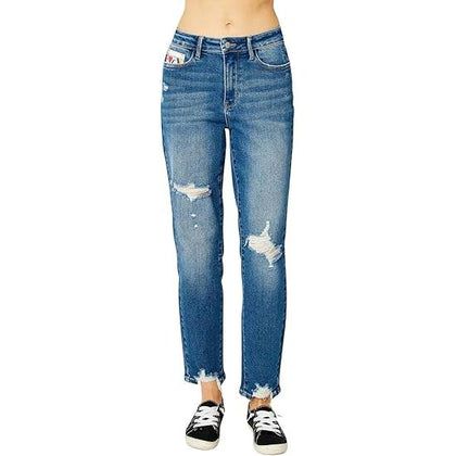 Judy Blue High Waist Queen of Hearts Coin Pocket Boyfriend Relaxed Fit Jeans (Medium Blue, 9)