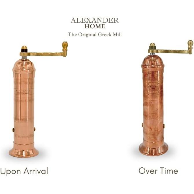 Alexander Home Original Greek Pepper Mill, 8-Inch Copper  European Manual Pepper Grinder, Refillable, with Polishing Cloth