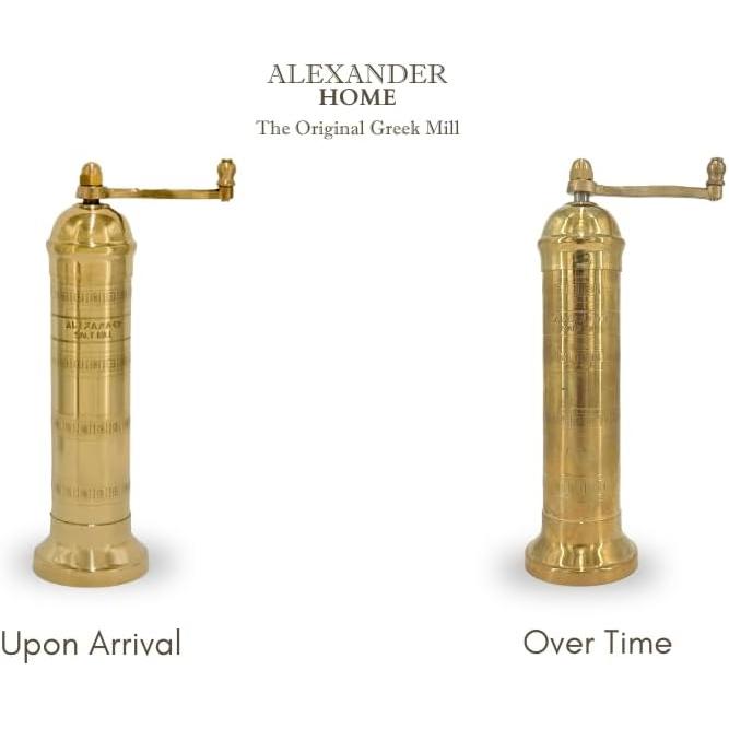 Alexander Home The Original Greek Salt Mill 8 Inch Tall | European Salt Mill Grinder with Crank Handle | Manual Salt Grinder | Salt Refillable - Brass