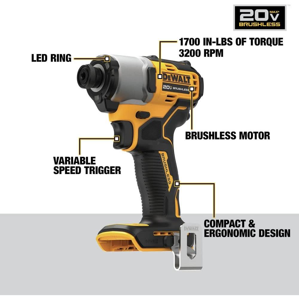 DEWALT 20V MAX* 1/4 in. Brushless Cordless Impact Driver (Tool Only) (DCF840B)