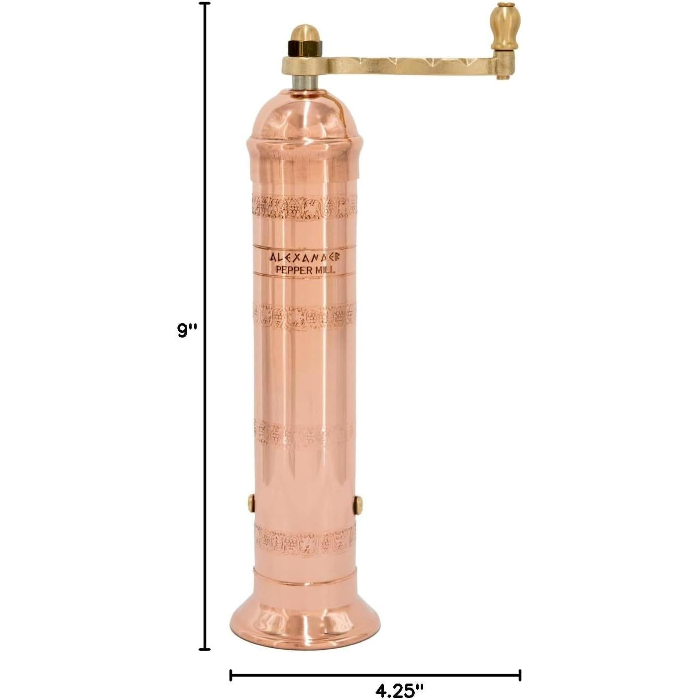 Alexander Home The Original Greek Pepper Mill 9 Inch Tall | European Pepper Mill Grinder with Crank Handle | Manual Pepper Grinder | Peppercorns Refillable - Copper