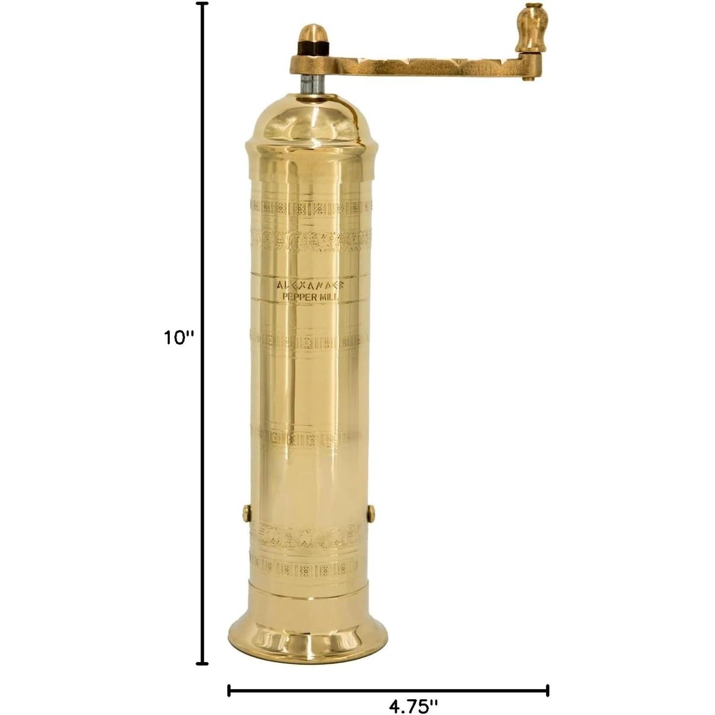 Alexander Home The Original Greek Pepper Mill 8 Inch Tall | European Pepper Mill Grinder with Crank Handle | Manual Pepper Grinder | Peppercorns Refillable - Brass
