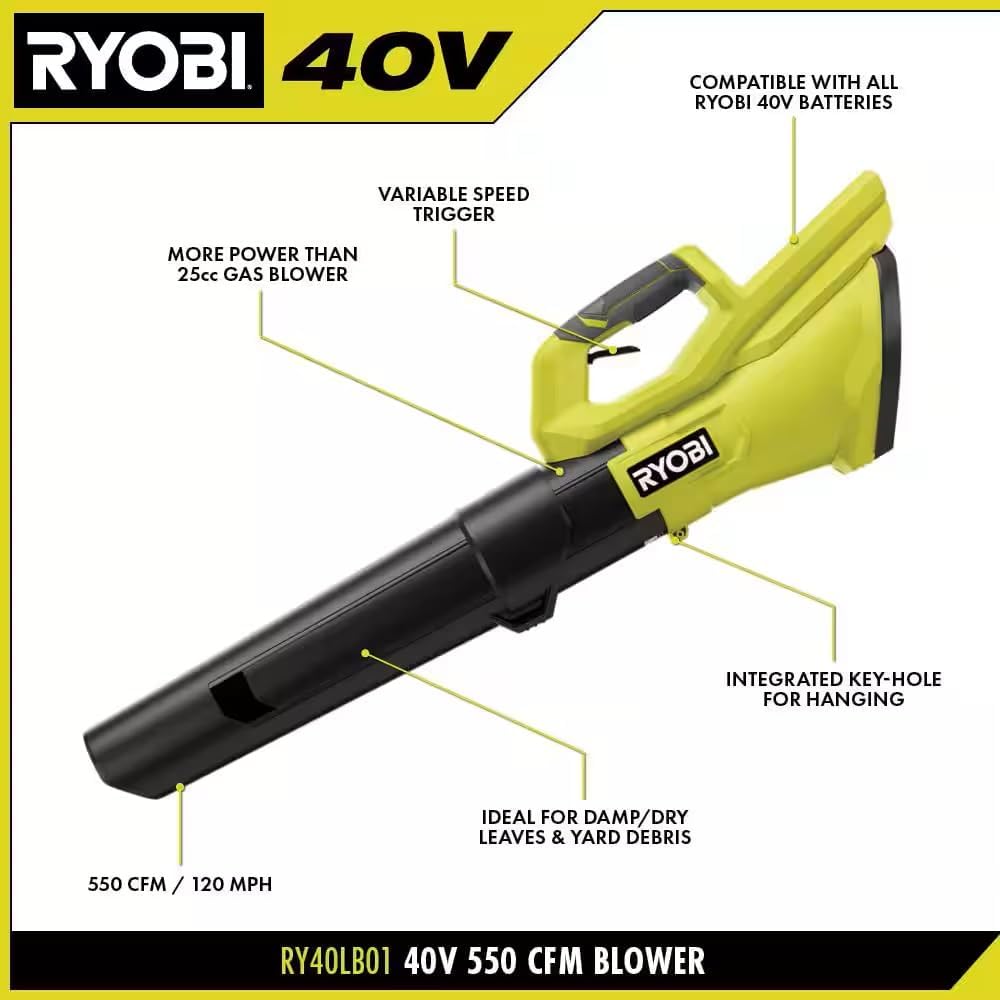 RYOBI 40V 120 MPH 550 CFM Cordless Battery Leaf Blower Tool ONLY RY40LB01B