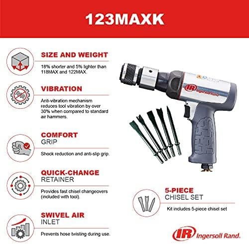 Ingersoll Rand 123MAXK Vibration Reduced Air Hammer 5-Piece Chisel Set, 3,530 BPM, 2-5/8" Stroke, Round Shank