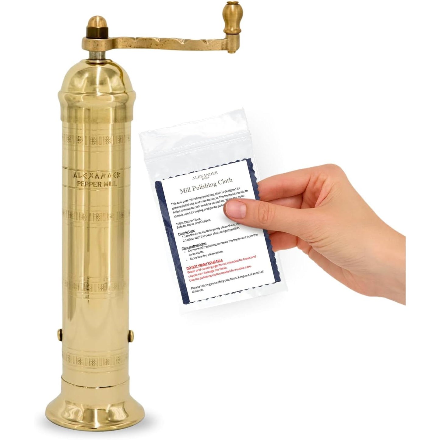 Alexander Home Original Greek Pepper Mill, 9-Inch Brass  European Manual Pepper Grinder, Refillable, with Polishing Cloth