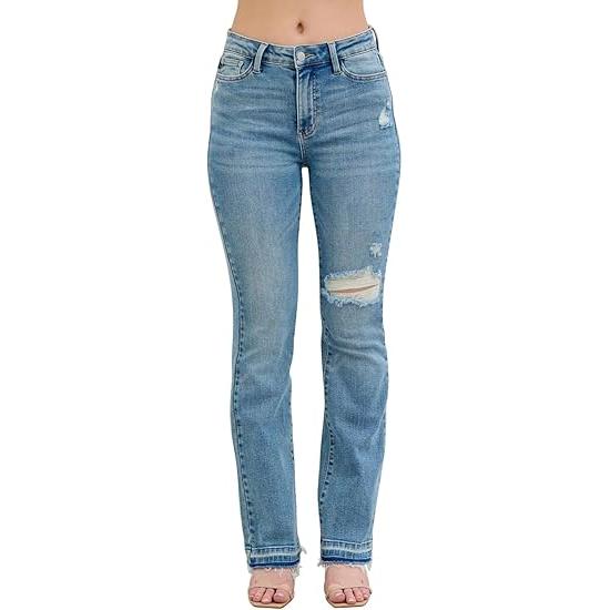 Judy Blue Women's Mid-Rise Distressed and Released Hem Bootcut Jeans (Medium Blue, 5)