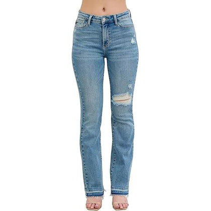 Judy Blue Women's Mid-Rise Distressed and Released Hem Bootcut Jeans (Medium Blue, 5)