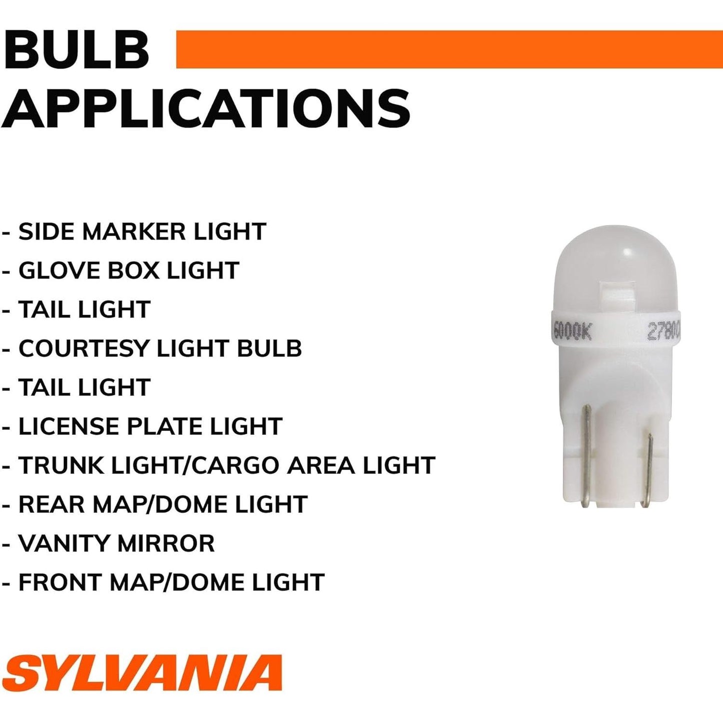 SYLVANIA - 194 T10 W5W LED White Mini Bulb - Bright LED Bulb, Ideal for Interior Lighting - Map, Dome, Cargo and License Plate (Contains 2 Bulbs)