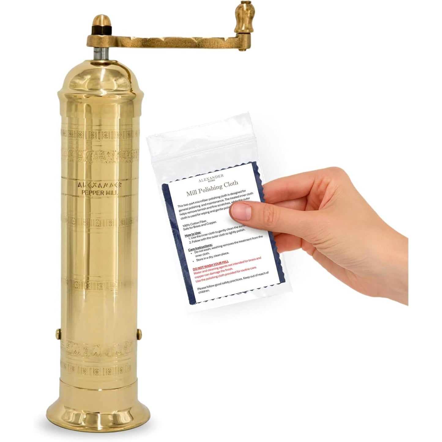 Alexander Home The Original Greek Pepper Mill 10 Inch Tall | European Pepper Mill Grinder with Crank Handle | Manual Pepper Grinder | Peppercorns Refillable - Brass