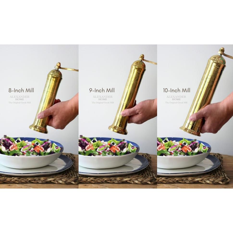 Alexander Home The Original Greek Salt Mill 8 Inch Tall | European Salt Mill Grinder with Crank Handle | Manual Salt Grinder | Salt Refillable - Brass