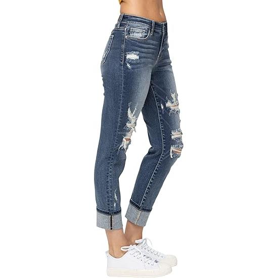 Judy Blue Midrise Cuffed Destroy Boyfriend Jeans, JB-82427 (Medium Blue, 13)