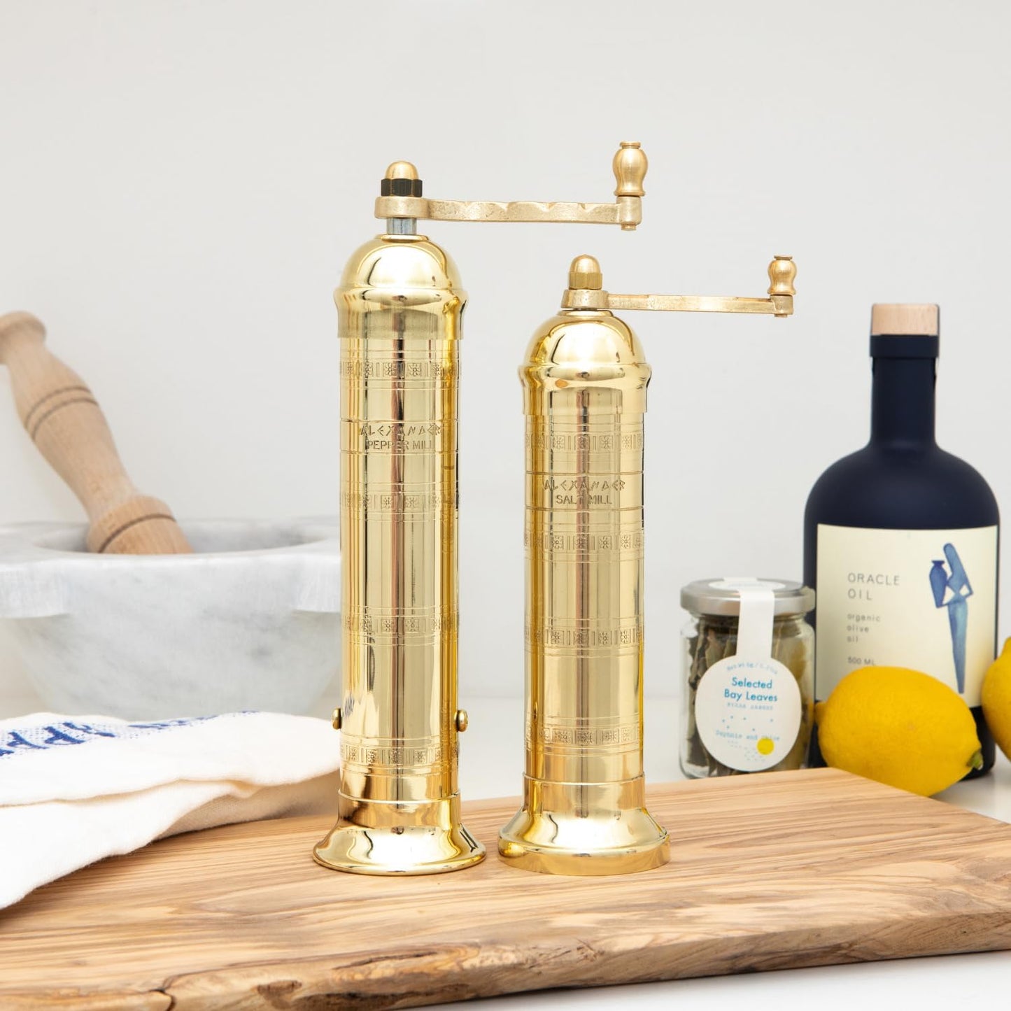 Alexander Home The Original Greek Salt Mill 8 Inch Tall | European Salt Mill Grinder with Crank Handle | Manual Salt Grinder | Salt Refillable - Brass