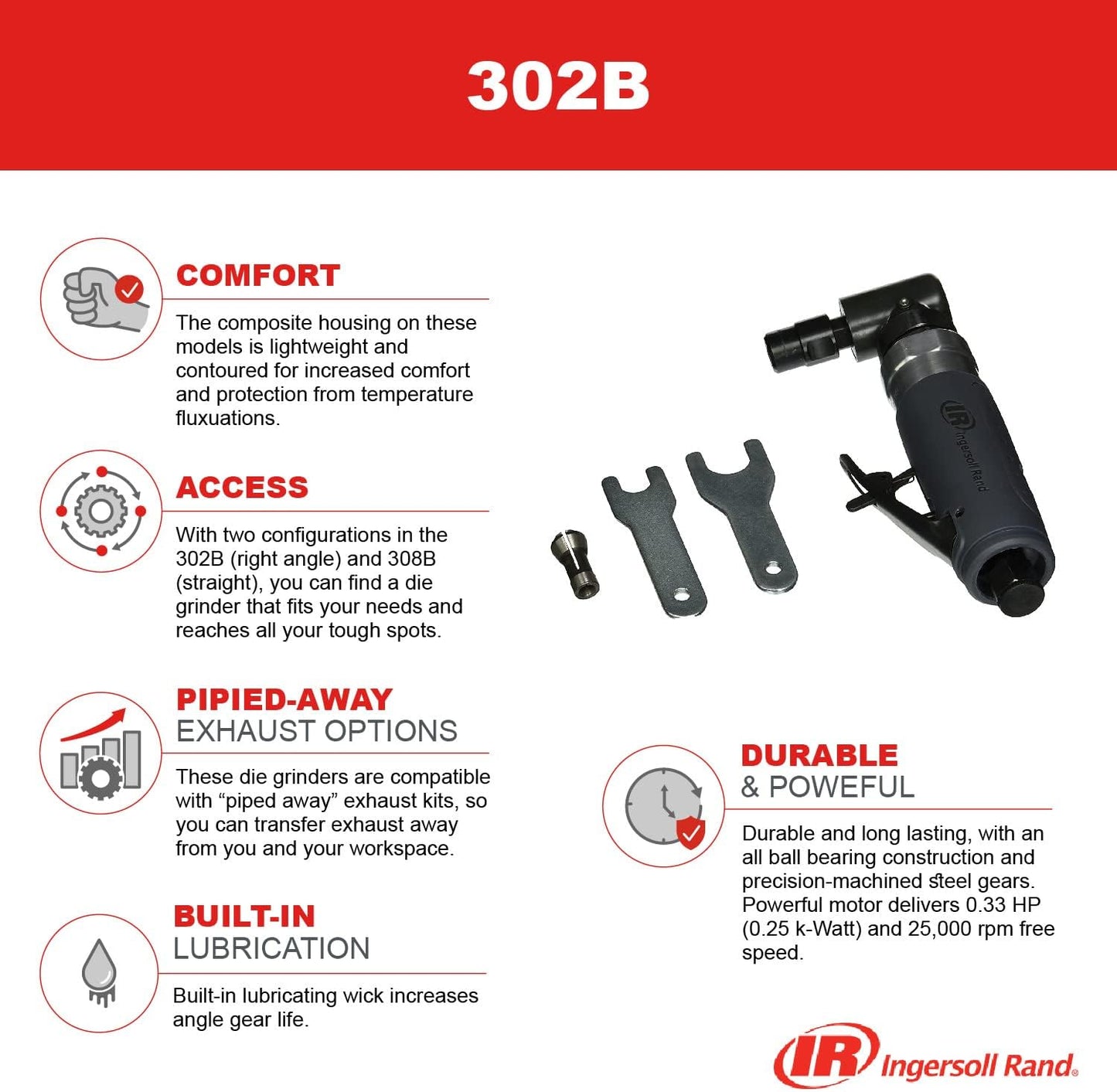Ingersoll Rand 302B Angle Air Die Grinder, 20,000 rpm, 0.33 hp, 1/4" Collet, Rear Exhaust