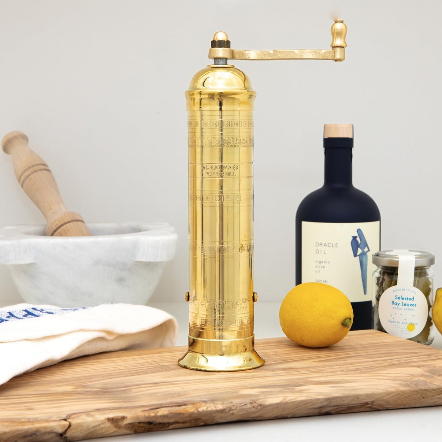 Alexander Home The Original Greek Pepper Mill 8 Inch Tall | European Pepper Mill Grinder with Crank Handle | Manual Pepper Grinder | Peppercorns Refillable - Brass