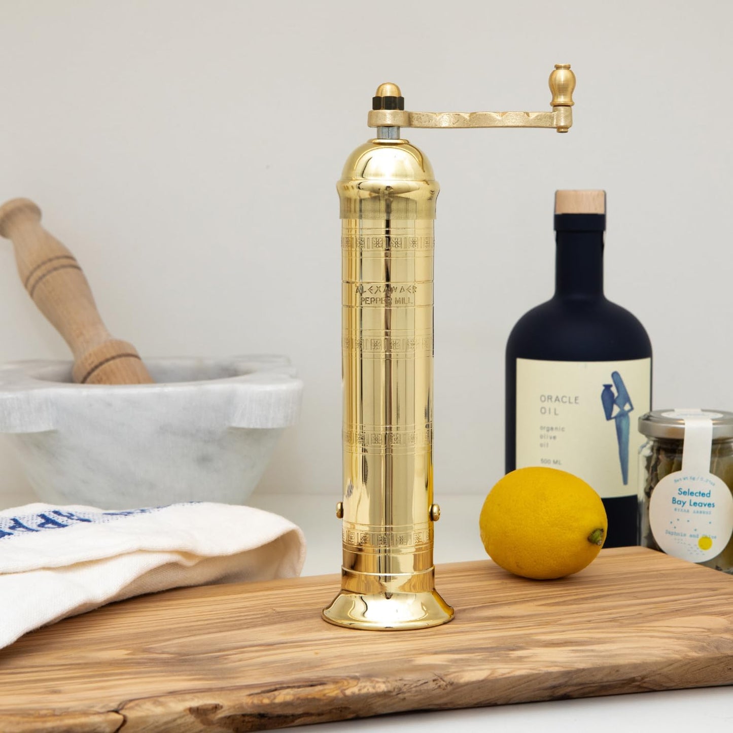 Alexander Home Original Greek Pepper Mill, 9-Inch Brass  European Manual Pepper Grinder, Refillable, with Polishing Cloth