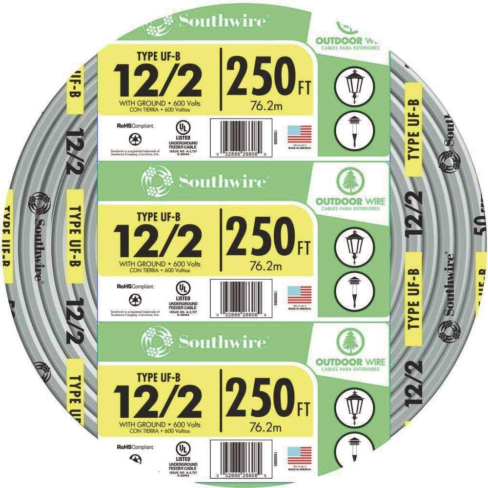 Southwire UF-B Underground Feeder Cable, 12/2 AWG, 250 ft