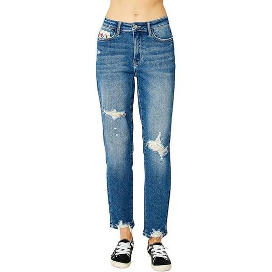 Judy Blue High Waist Queen of Hearts Coin Pocket Boyfriend Relaxed Fit Jeans (Medium Blue, 9)