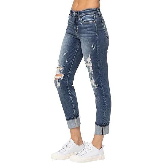 Judy Blue Midrise Cuffed Destroy Boyfriend Jeans, JB-82427 (Medium Blue, 11)