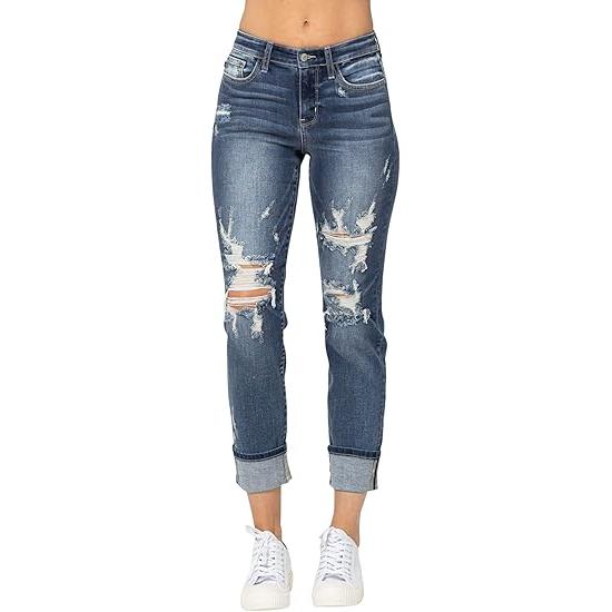 Judy Blue Midrise Cuffed Destroy Boyfriend Jeans, JB-82427 (Medium Blue, 11)