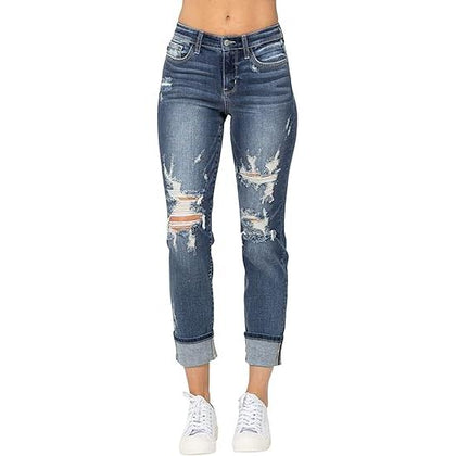 Judy Blue Midrise Cuffed Destroy Boyfriend Jeans, JB-82427 (Medium Blue, 11)
