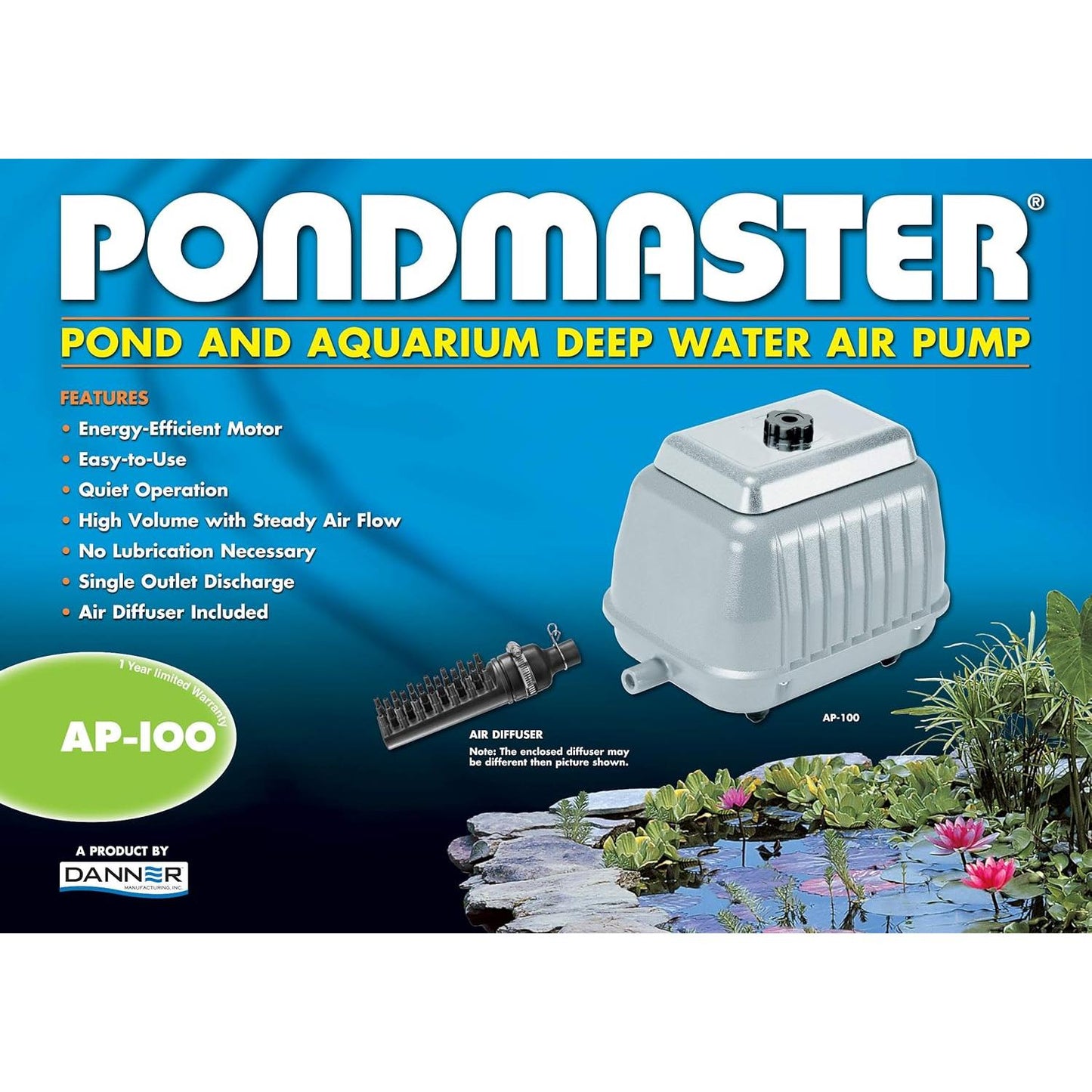 Danner Manufacturing, Inc., Pondmaster AP-100 Air Pump, Air Volume 9150 cu.in/min, 04580
