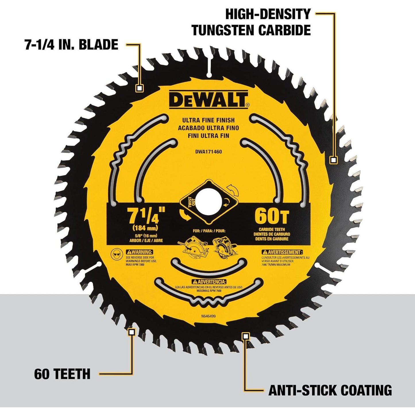 DEWALT Circular Saw Blade, 7 1/4 Inch, 60 Tooth, Wood Cutting (DWA171460)