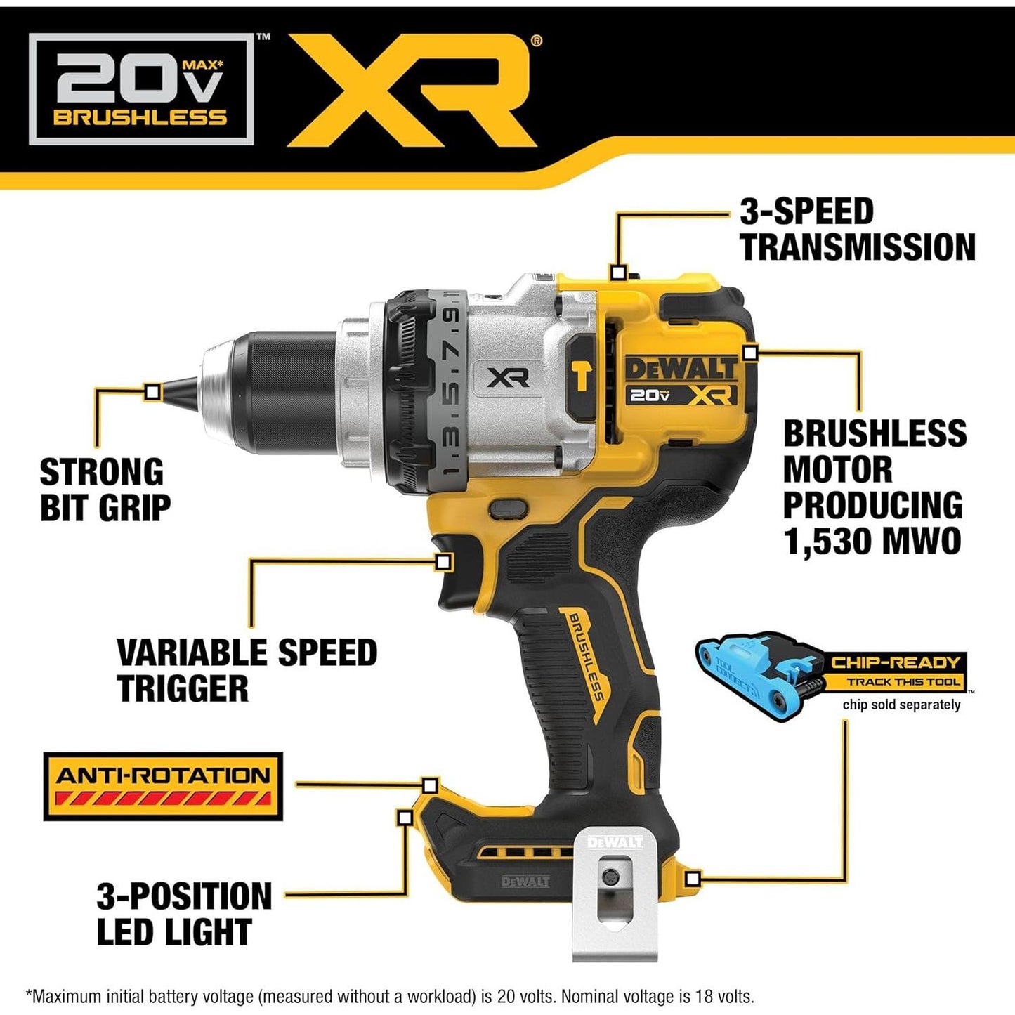 DEWALT 20V MAX XR 1/2 Inch Cordless Hammer Drill, Bare Tool Only (DCD1007B)